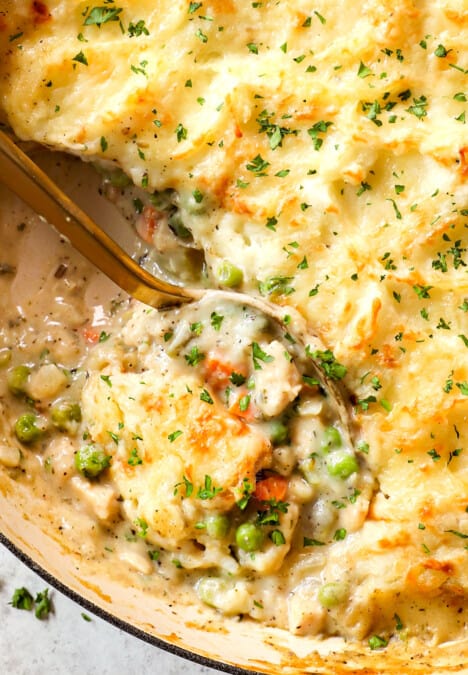 up close of turkey shepherd's pie showing the creamy filling