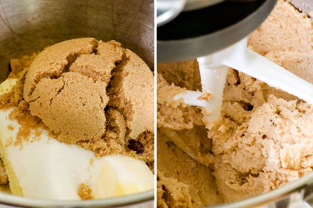 showing how to make pecan pie cookies by creaming butter and sugars together in a mixer until fluffy