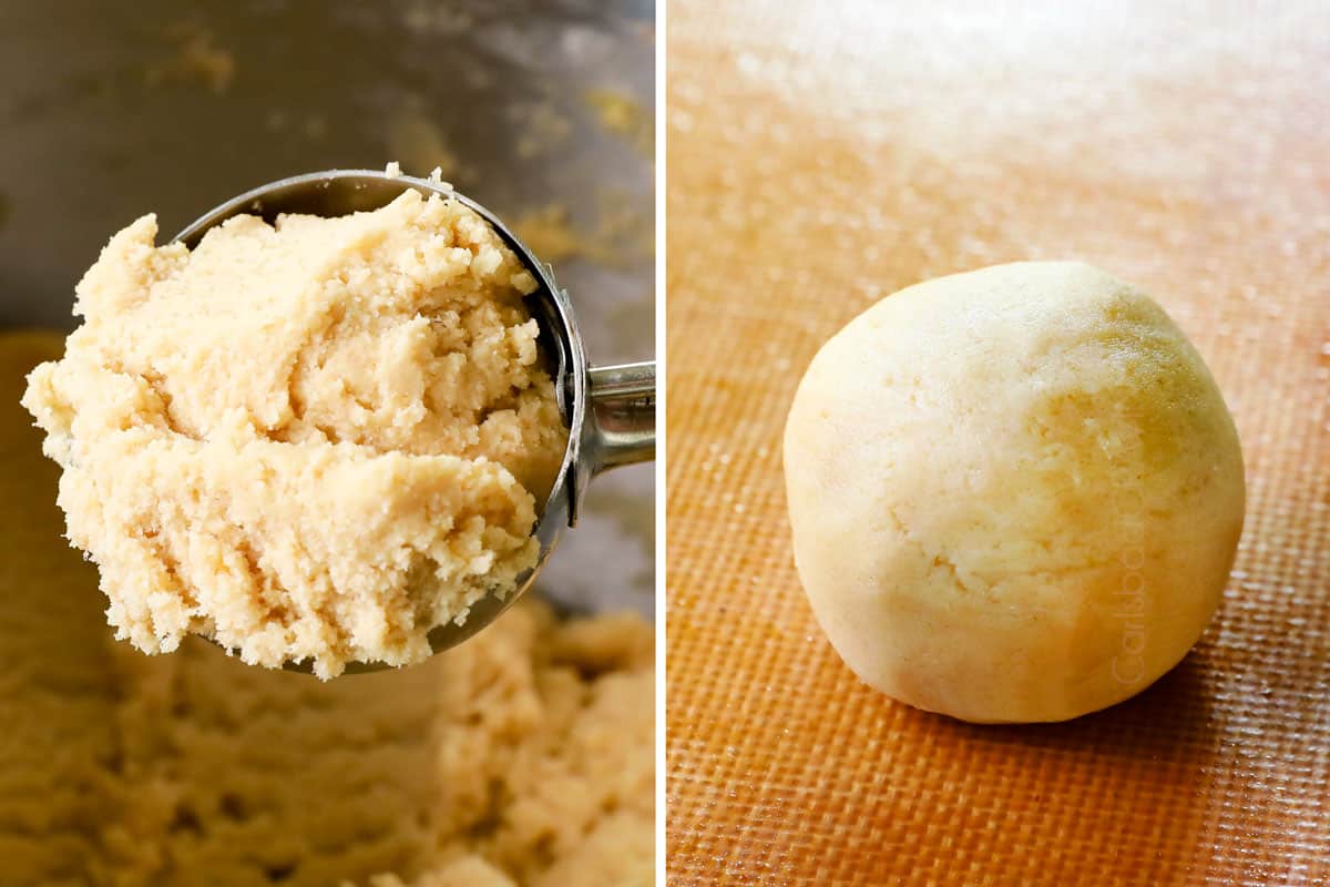 showing how to make pecan pie cookies by scooping the dough using a cookie scoop then rolling into a large ball