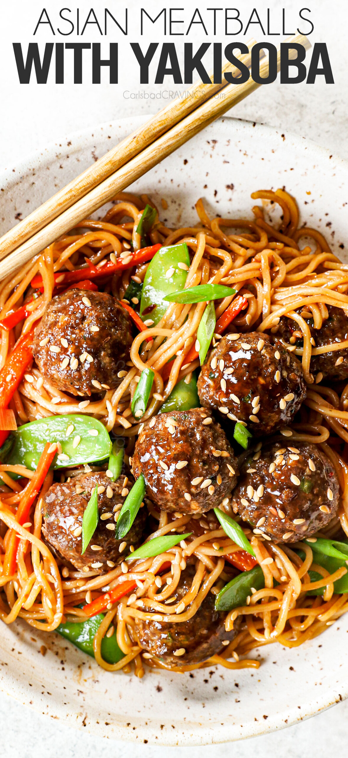 top view of Asian meatballs garnished with green onions and sesame seeds