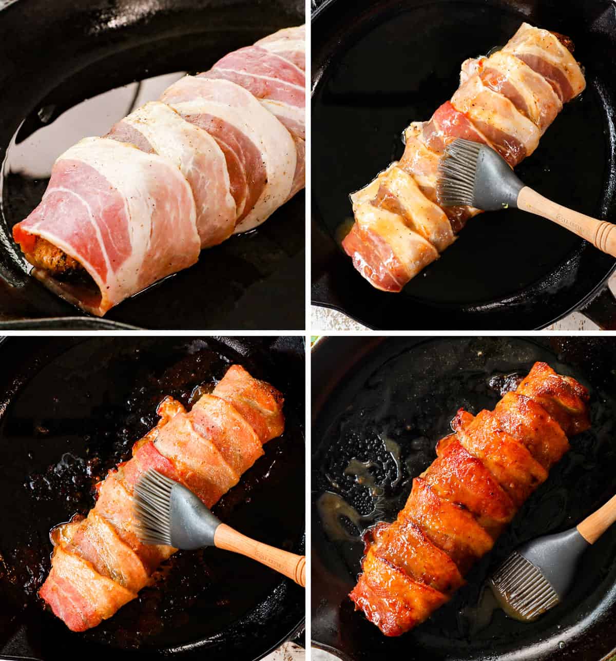 a collage showing how to make bacon wrapped pork tenderloin by baking pork, then brushing with glaze, then broiling and basting again