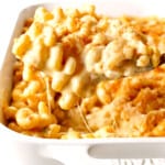 up close of serving best Baked Macaroni and Cheese showing how cheesy it is