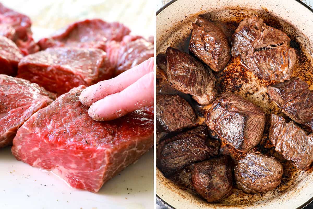 a collage showing how to make beef ragu with ragu sauce by seasoning chuck roast with salt and pepper then searing in a Dutch oven