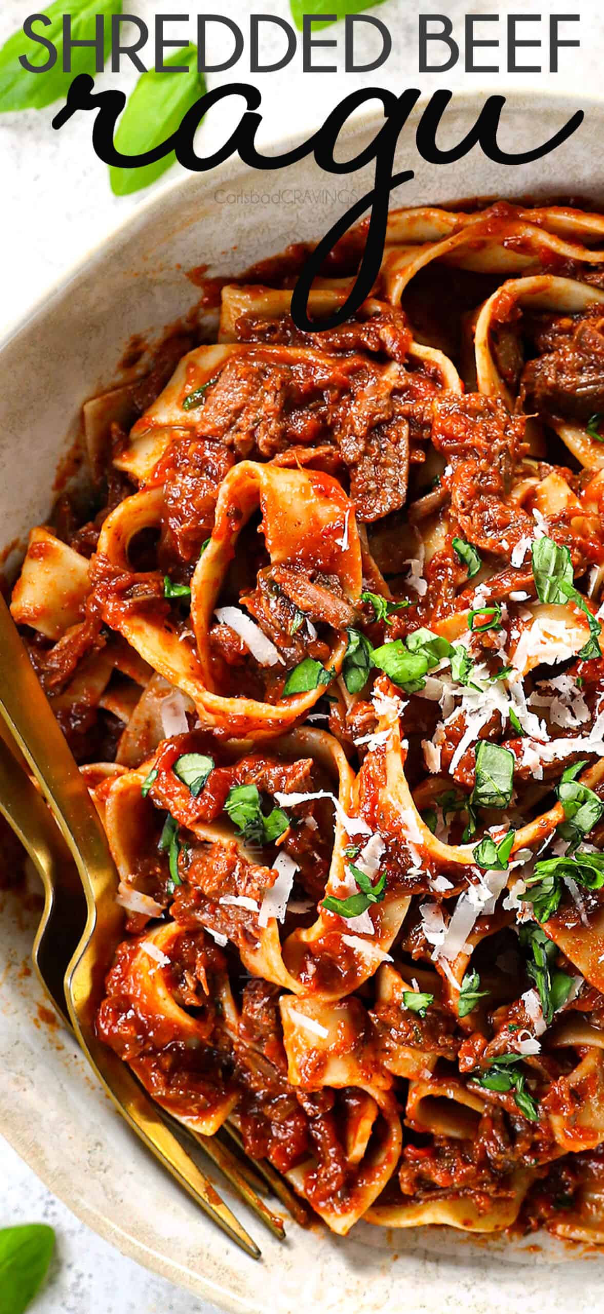 top view showing how to serve beef ragu with pappardelle in a bowl with Parmesan and fresh basil
