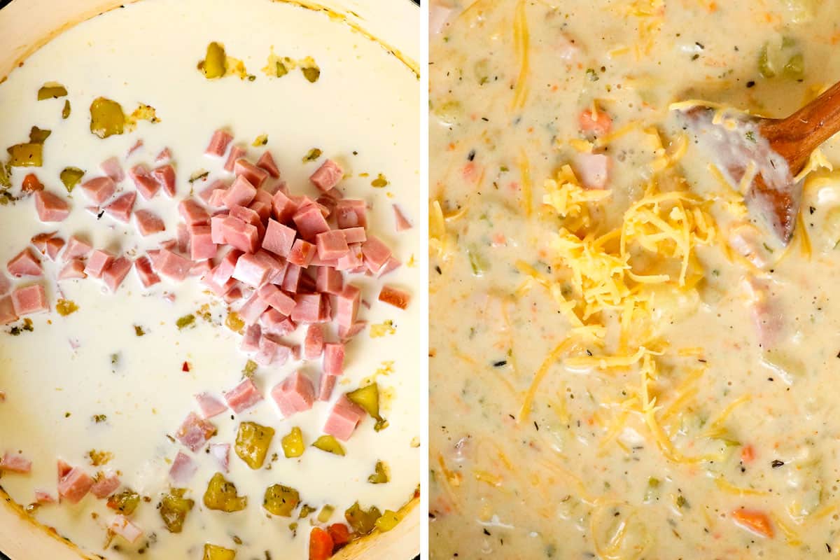 showing how to make Ham and Potato Soup by adding ham and half and half to the soup, followed by cheddar cheese