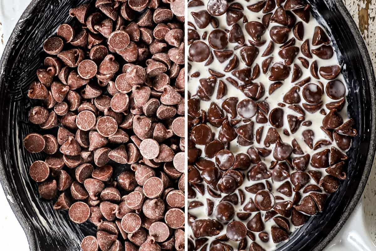 how to make s'mores dip by adding chocolate chips and heavy cream to a skillet