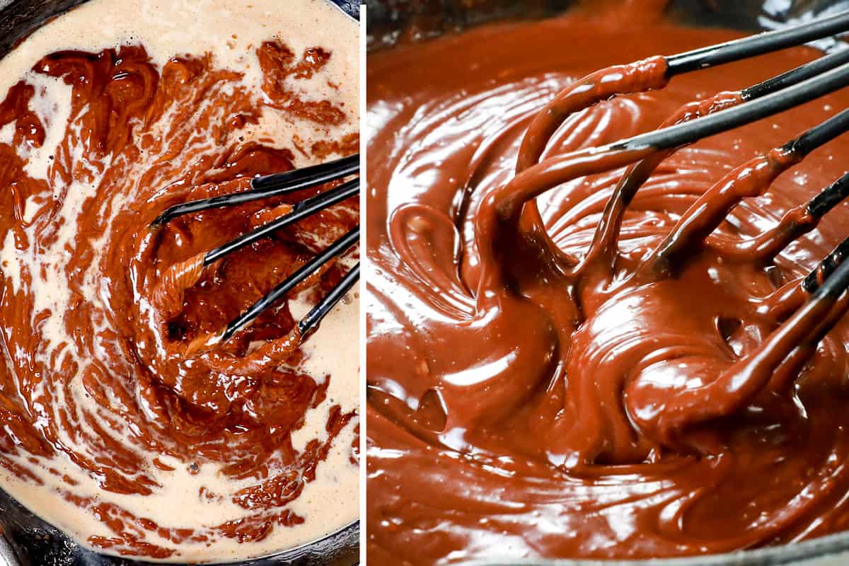 showing how to make s'mores dip by whisking chocolate until smooth and melted