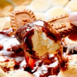 dipping cookie into chocolaty s'mores dip