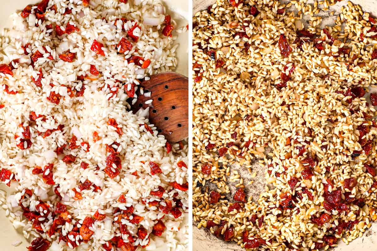 a collage showing how to make shrimp risotto by sautรฉing rice, shallots and sun dried tomatoes