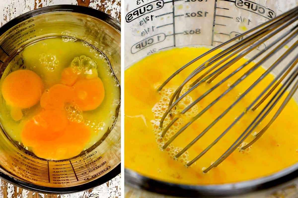 a collage a collage showing how to make traditional Avgolemono Soup recipe (Greek Lemon Chicken Soup) by adding lemon juice and eggs to a bowl and whisking to combine