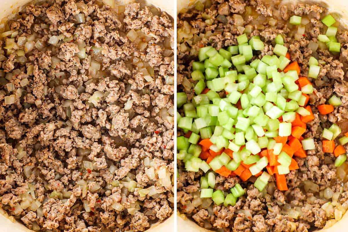 showing how to make pasta e fagioli (pasta fazool) by browning sausage in a pot, then sautรฉing onions, celery and carrots