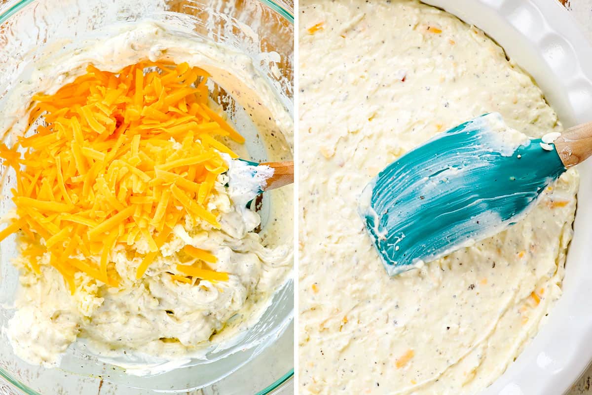 a collage showing how to make pizza dip recipe by stirring cream cheese, sour cream, Italian seasonings, mozzarella and Parmesan cheese together and spreading into a pie dish