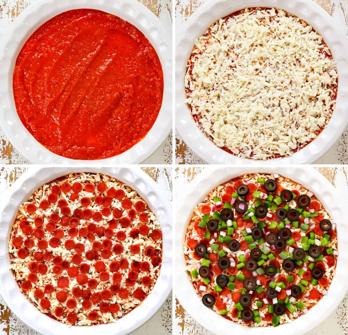 a collage showing how to make pizza dip by adding pizza sauce to cream cheese base, followed by mozzarella cheese, pepperoni and bell peppers