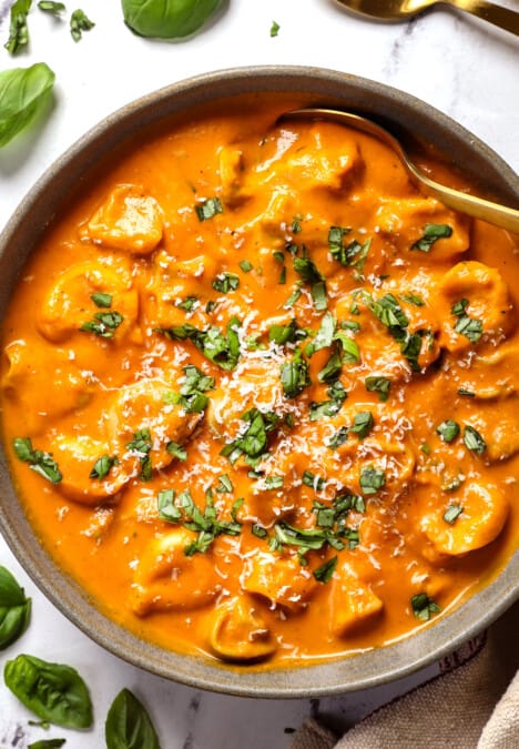 top view of a bowl of tortellini soup recipe showing how to serve with basil and Parmesan