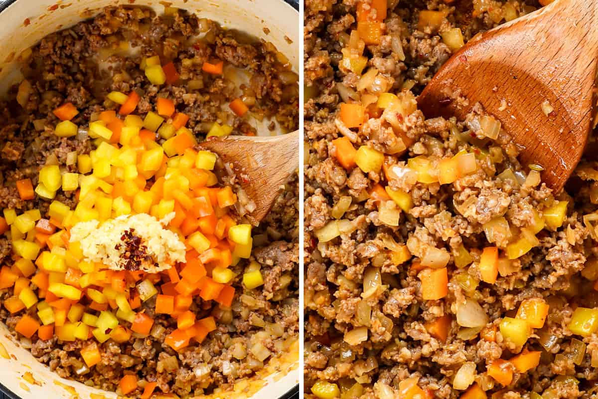 a collage showing how to make easy baked rigatoni recipe (rigatoni al forno) by adding bell peppers, garlic and red pepper flakes to the sausage and sautรฉing