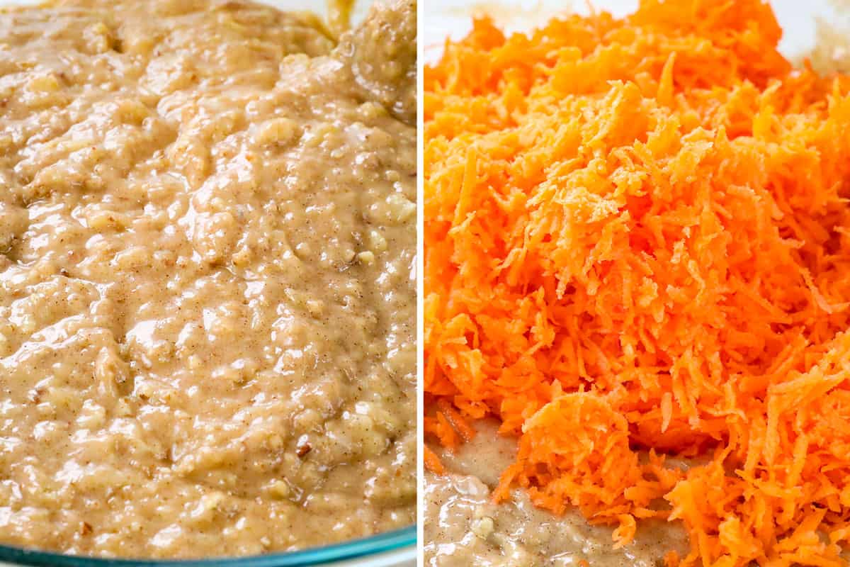 showing how to make carrot cake cheesecake by folding the wet ingredients into the dry ingredients, then folding in the grated carrots