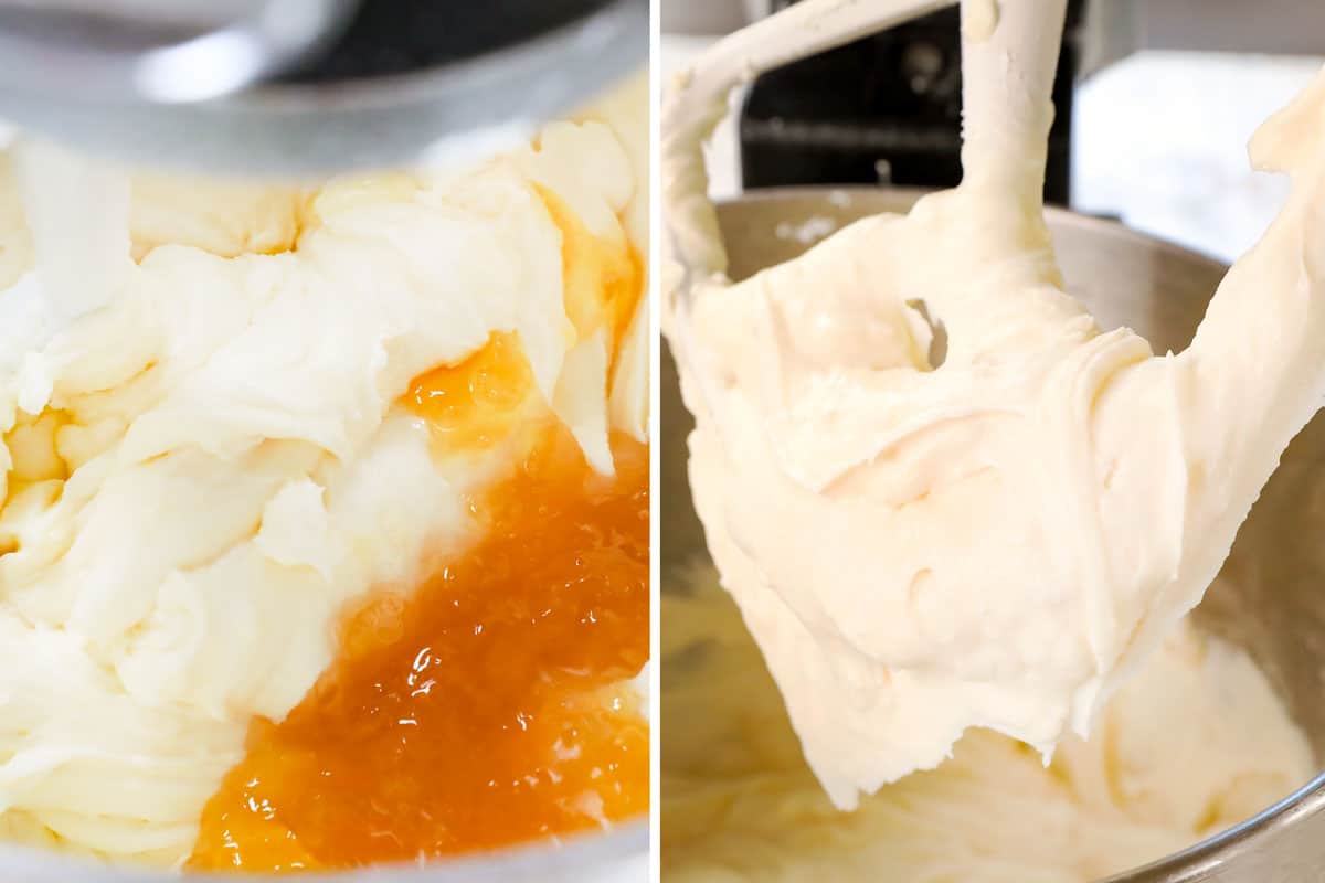 a collage showing how to make carrot cake cheesecake by beating cream cheese with sugar, vanilla and pineapple preserves until creamy