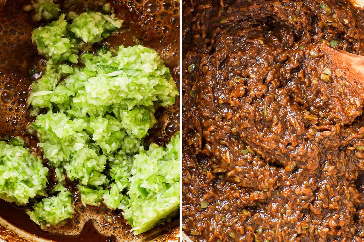 a collage showing how to make chicken sausage gumbo by sautรฉing the vegetables in the roux