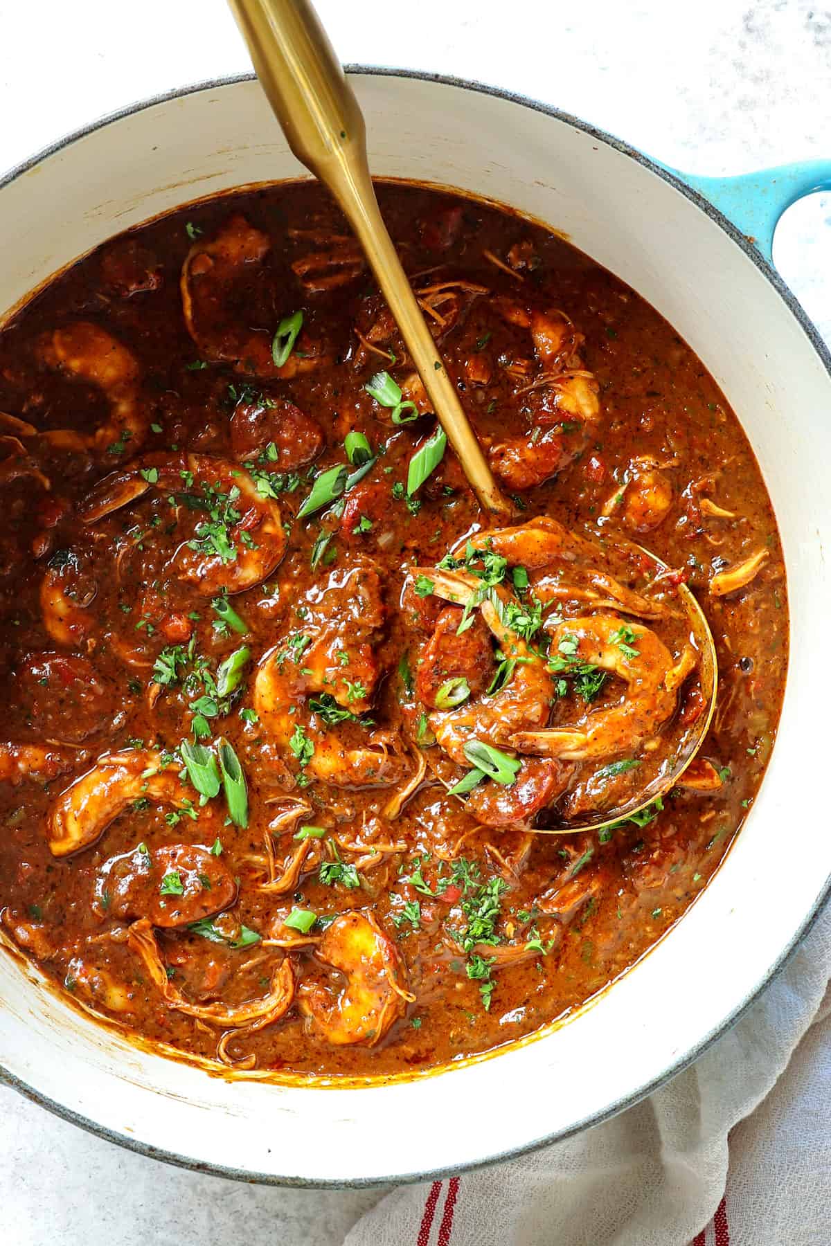 top view of gumbo recipe in a pot showing how thick it is