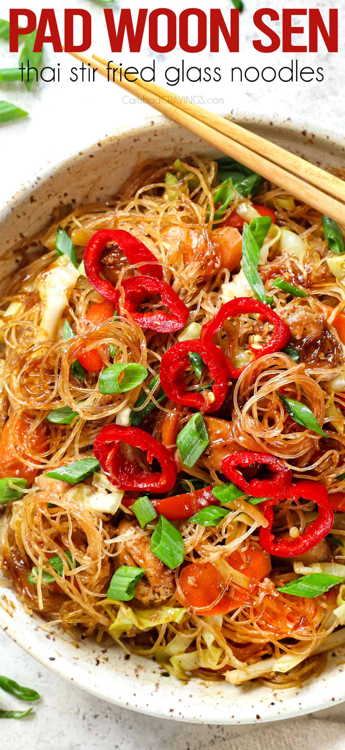up close of pad woon sen with glass noodles