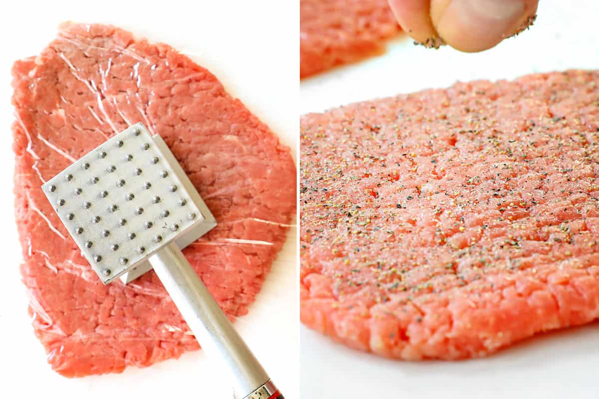 a collage showing how to make chicken fried steak by pounding the steaks thin with a mallet then seasoning with salt and pepper