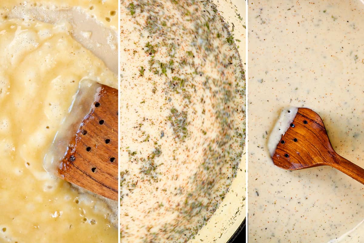 a collage showing how to make chicken fried steak (country fried steak) by making the roux, then adding the milk and seasonings, then simmering until thickened