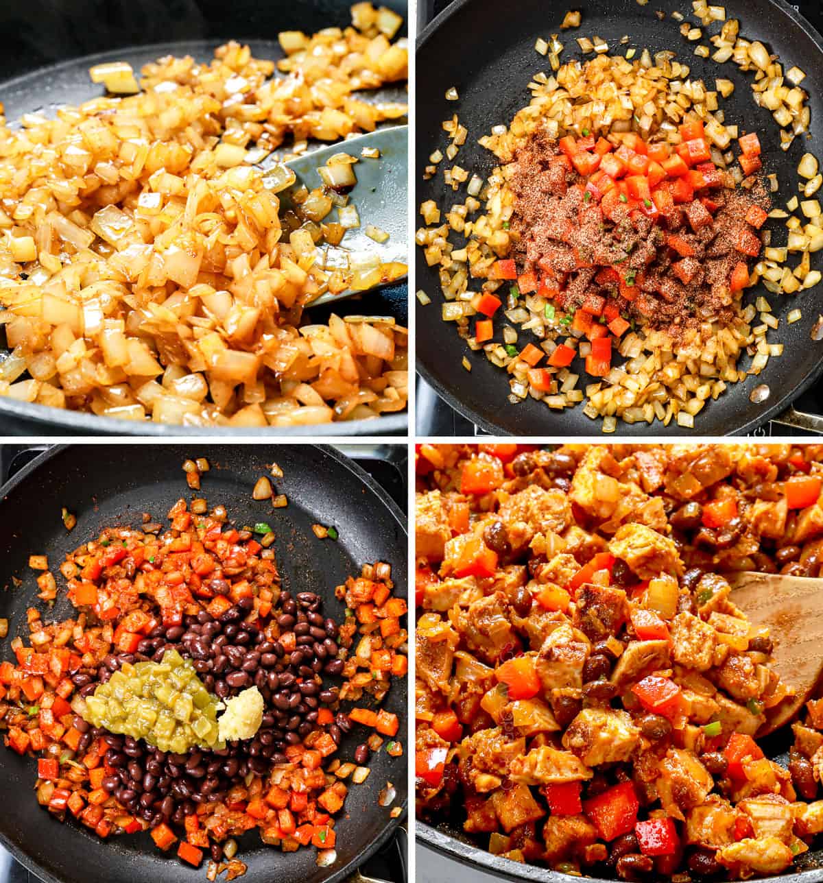 a collage showing how to make chicken quesadilla filling by 1) sautรฉing onions, 2) adding bell peppers and spices, 3) adding black beans, garlic and green chilies, 4) adding chicken