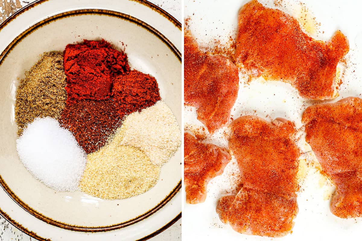 a collage showing how to make chicken quesadillas recipe by stirring together spices, then sprinkling chicken with spice blend