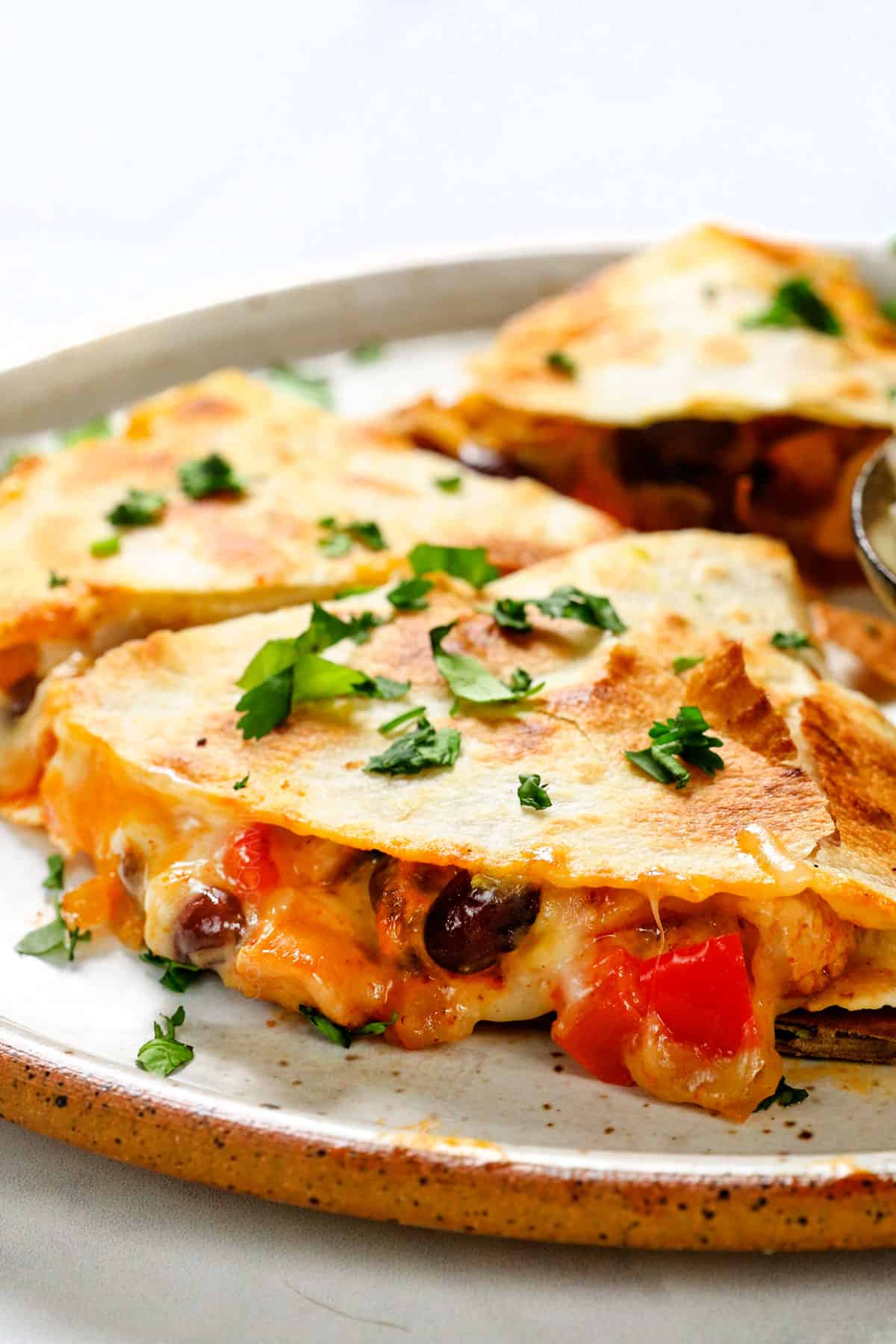 up close of easy chicken quesadilla recipe showing the cheesy chicken filling oozing out the sides