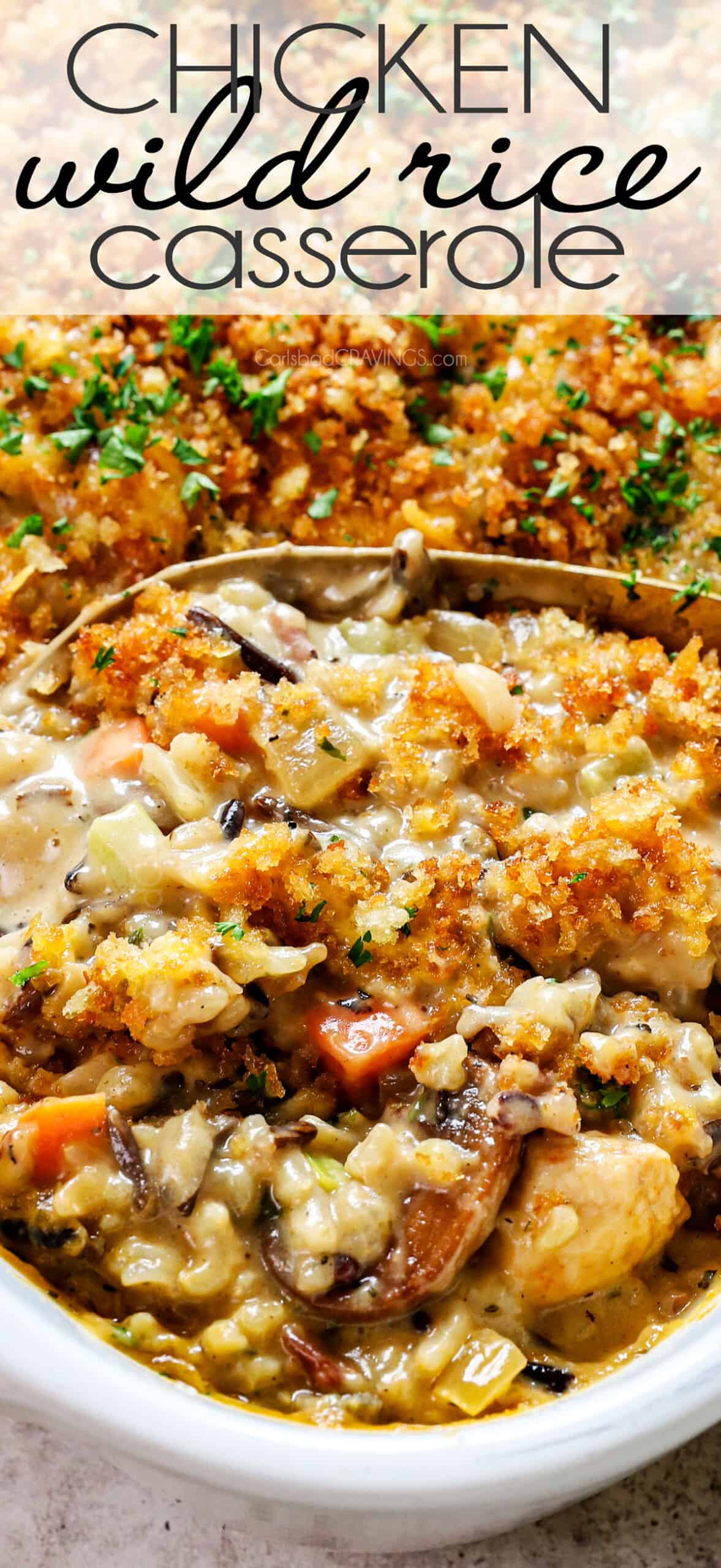 up close of serving chicken wild rice casserole showing how creamy it is
