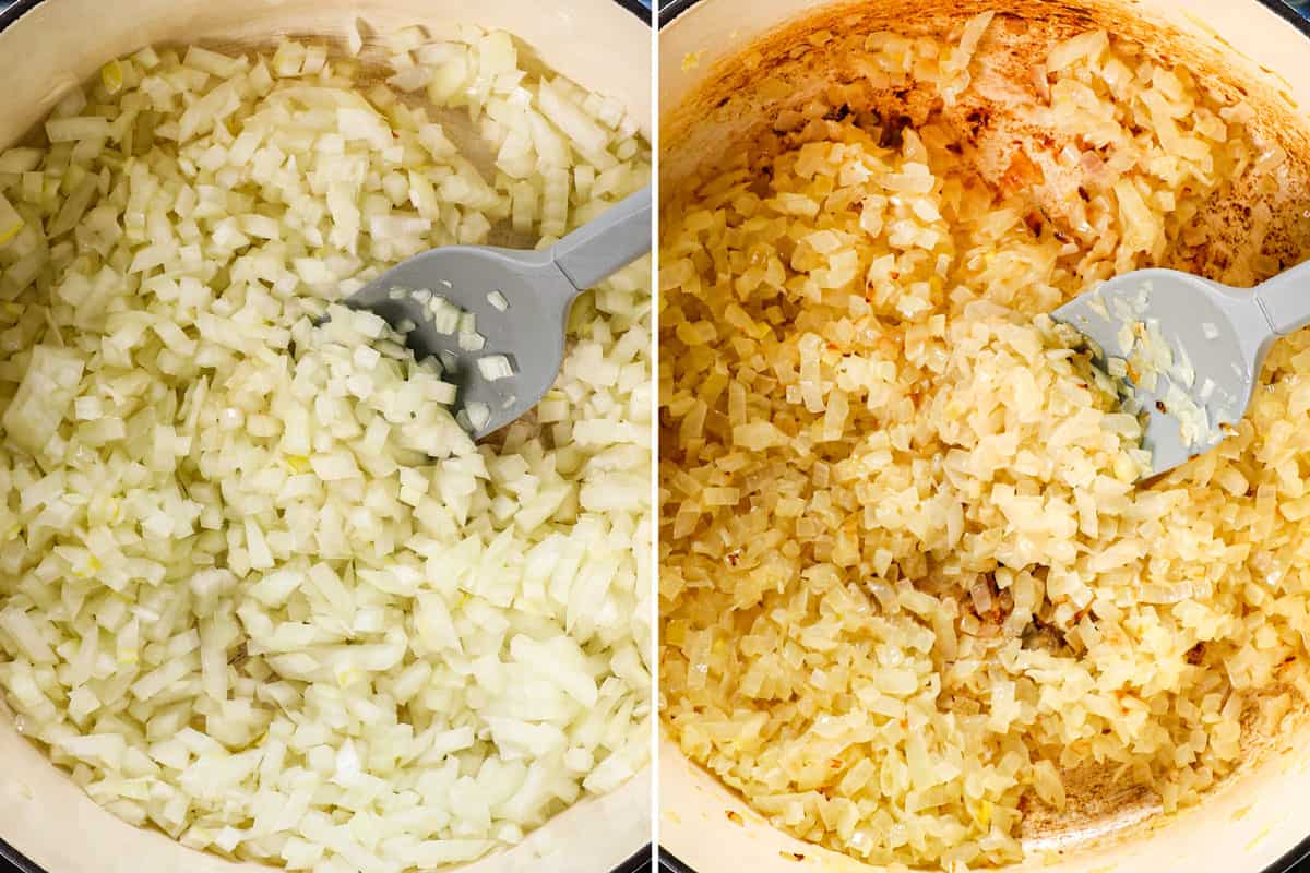 a collage showing how to make Creamy Asparagus recipe by sautรฉing onions