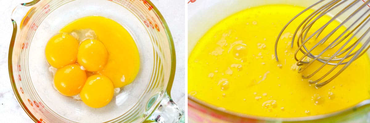 showing how to make lemon meringue pie by whisking the egg yolks together in a liquid measuring cup