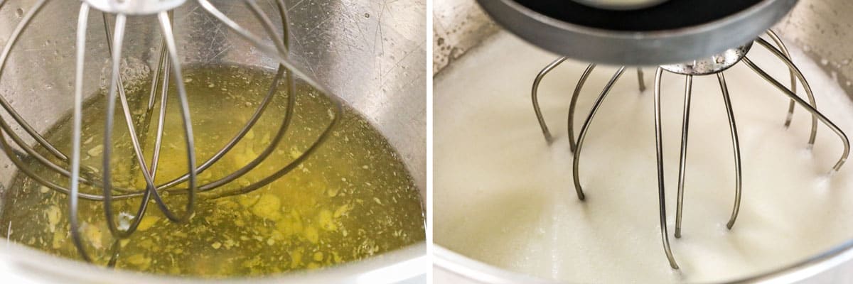 a collage showing how to make the meringue for Lemon Meringue Pie by beating egg whites and cream of tartar until soft peaks form