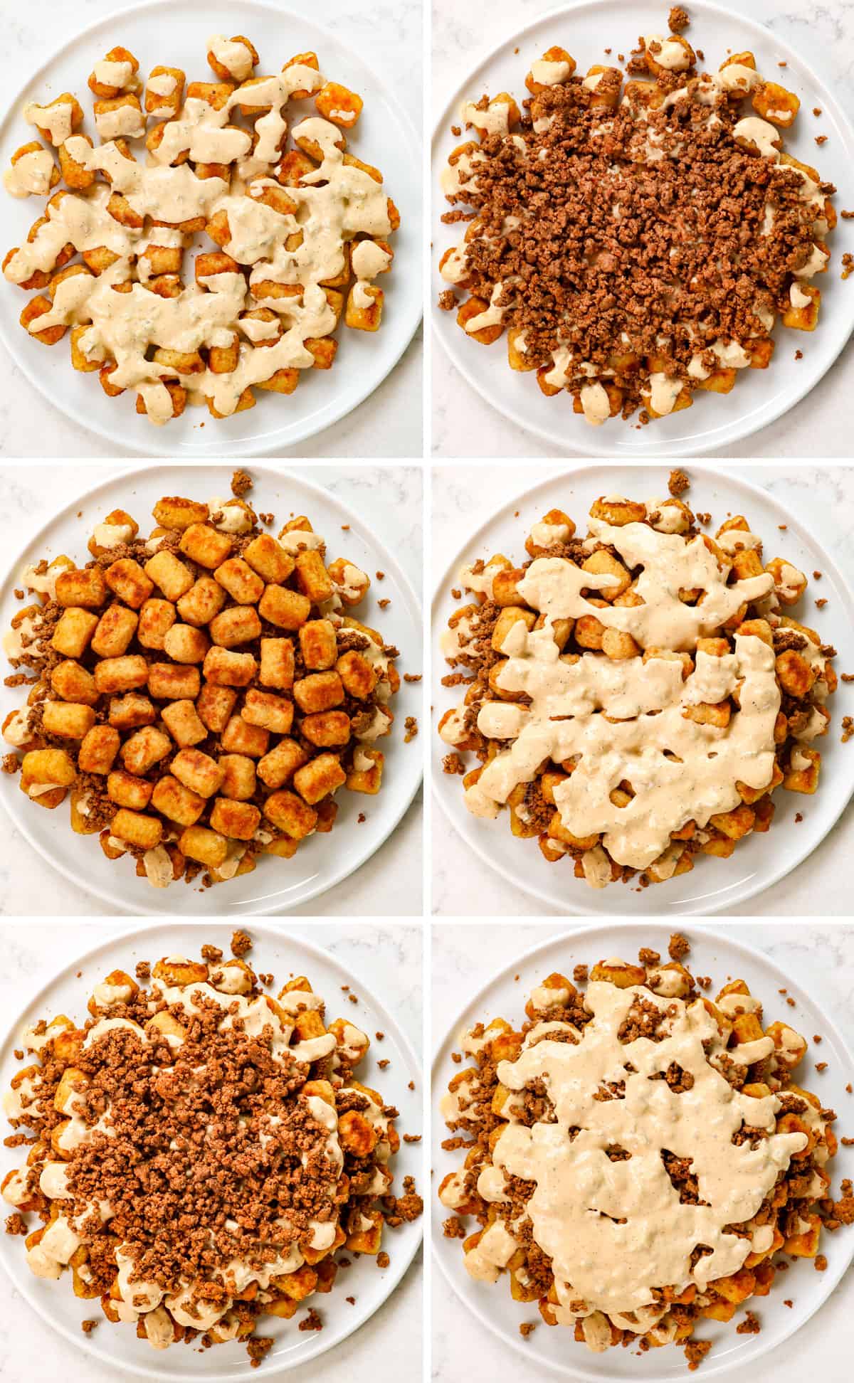 a collage showing how to make tater tot nachos (totchos) by adding tater tots to a plate, adding cheese sauce, then more tater tots, followed by ground beef, cheese sauce, tots and nacho sauce