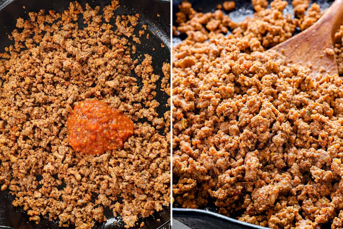 a collage showing how to make Totchos (tater tot nachos) by browning beef, add seasonings and salsa