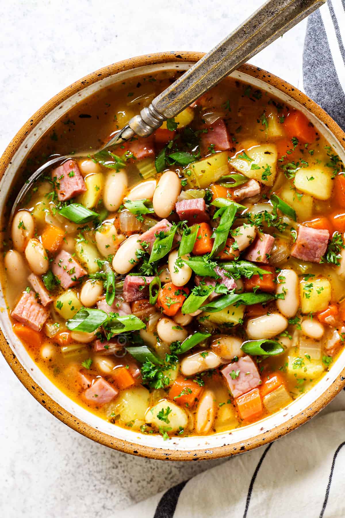 ham and bean soup recipe with potatoes and white beans served in a bowl