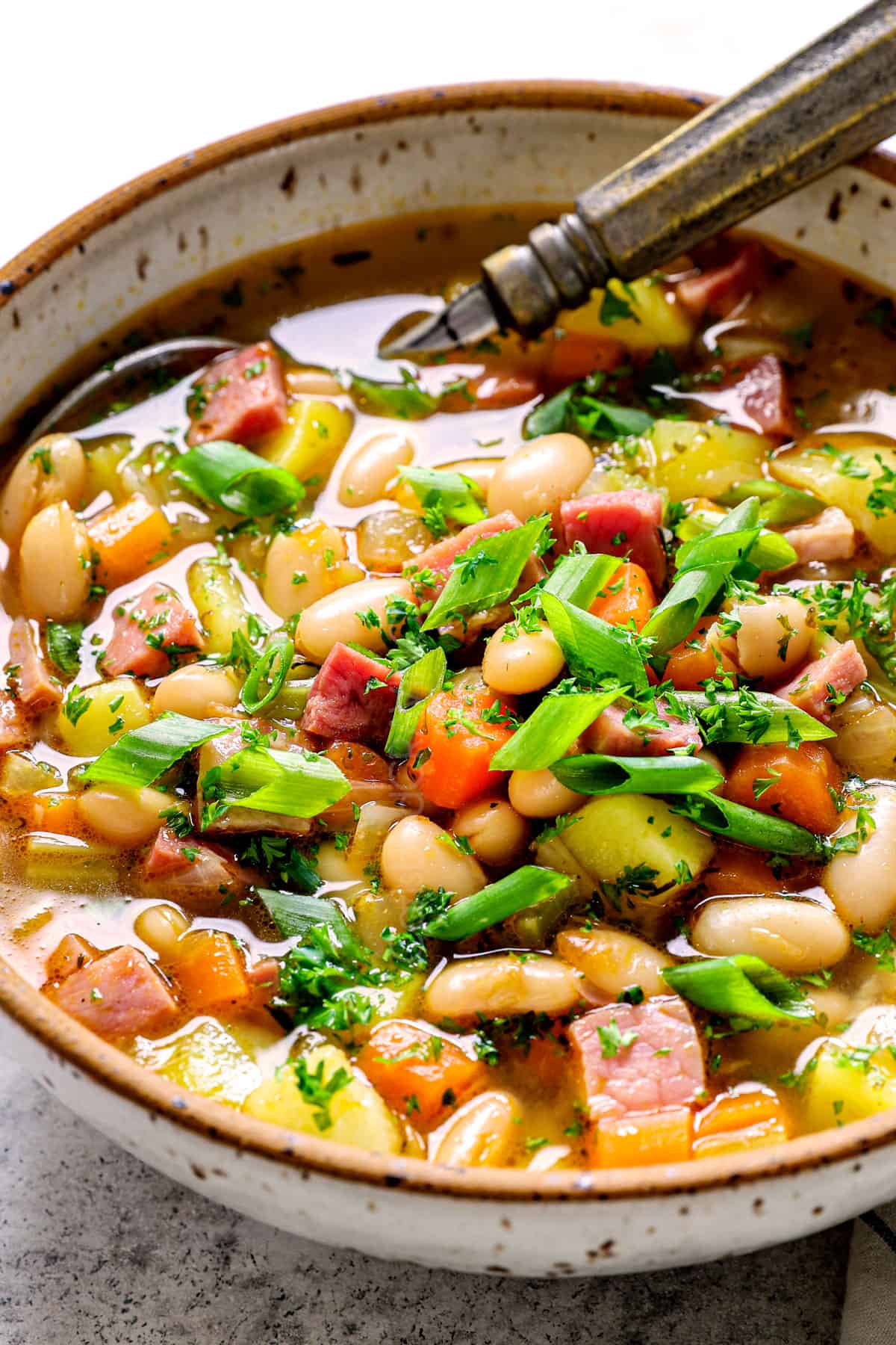 showing how to serve ham and bean soup with white beans by garnishing with green onions and parsley