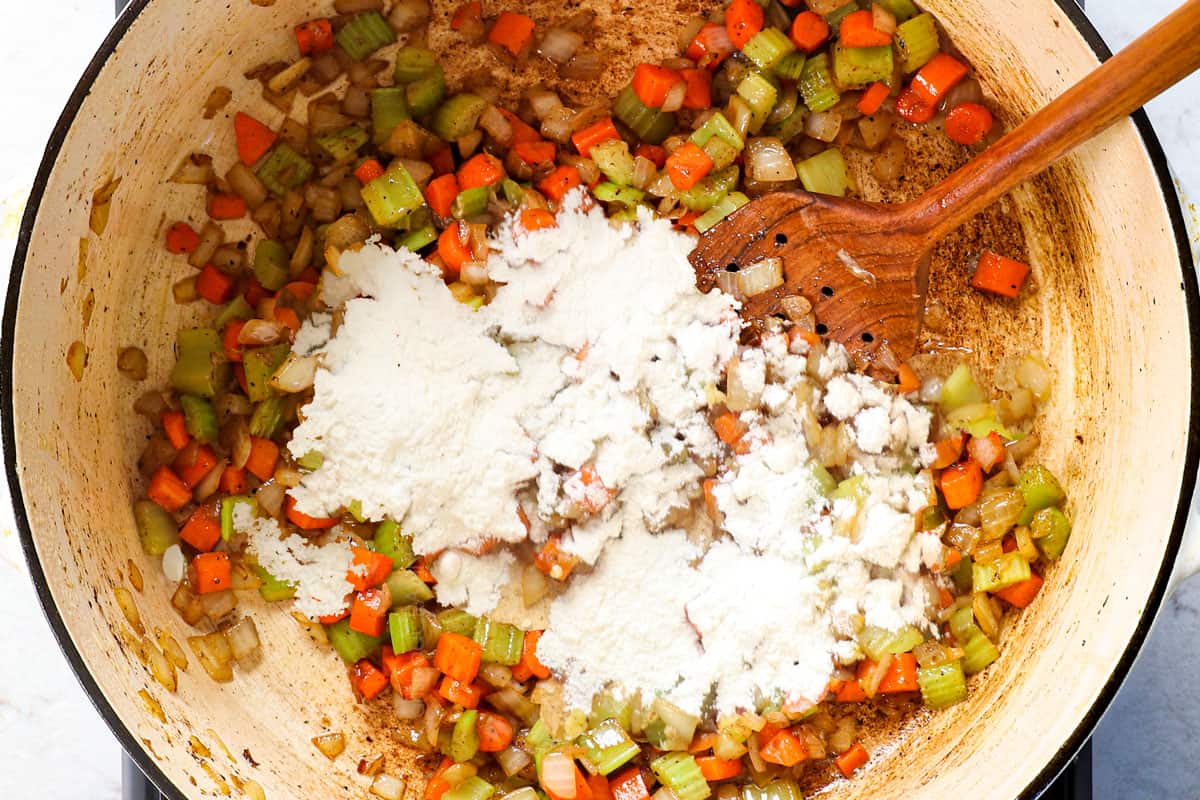 showing how to make Beef Noodle Soup by adding flour to the soup and cooking to make a roux