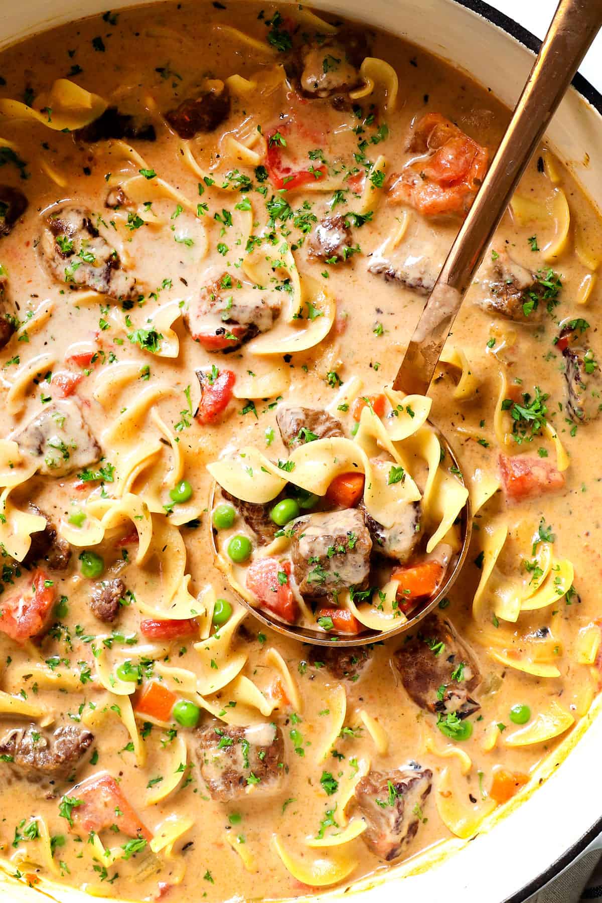 showing how to make beef noodle soup by stirring egg noodles and beef into the soup