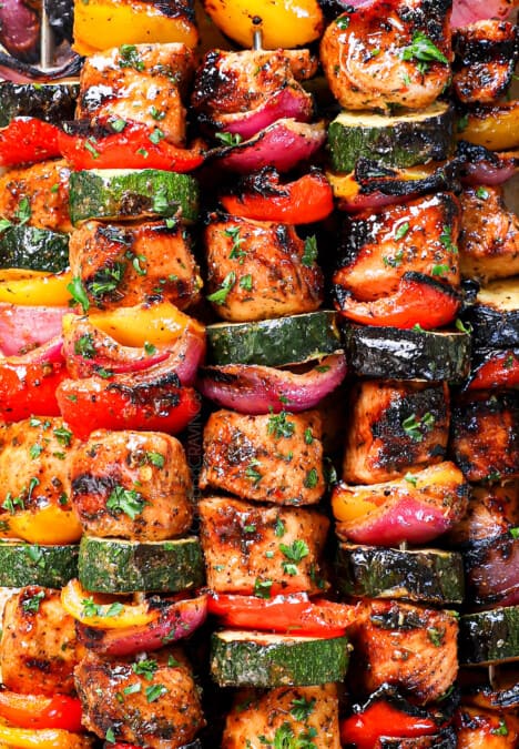 top view of chicken kabob recipe showing how juicy the chicken is
