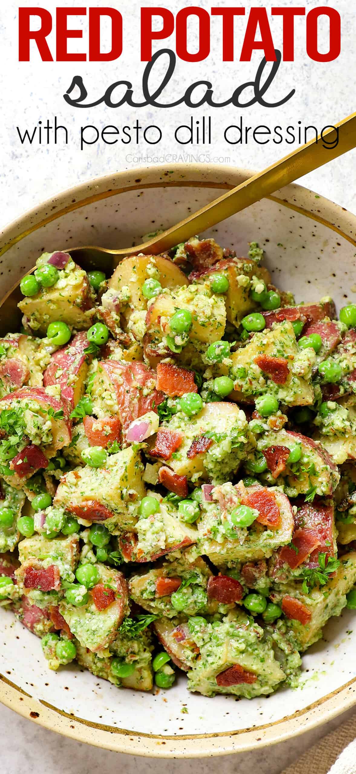 top view of serving red potato salad recipe in a bowl