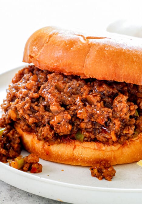 up close of Sloppy Joe recipe showing how juicy the meat is on a bun