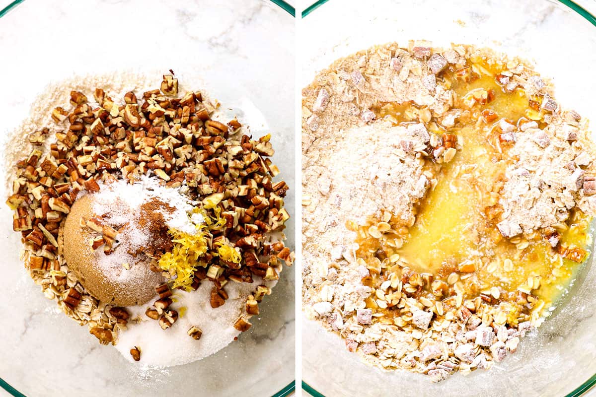 a collage showing how to make cherry crisp by mixing flour, oats, sugar and pecans together in a bowl, then stirring in melted butter