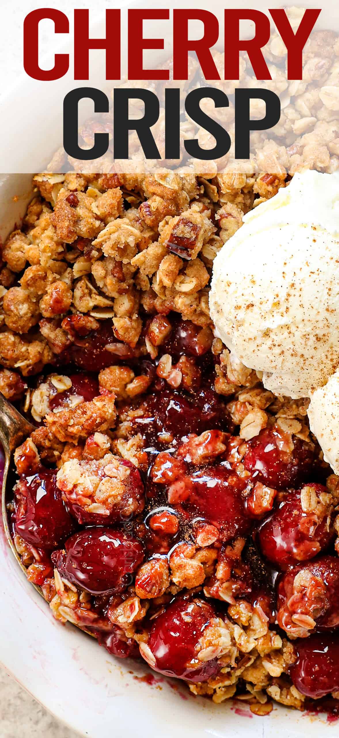 top view of cherry crisp recipe served with vanilla ice cream