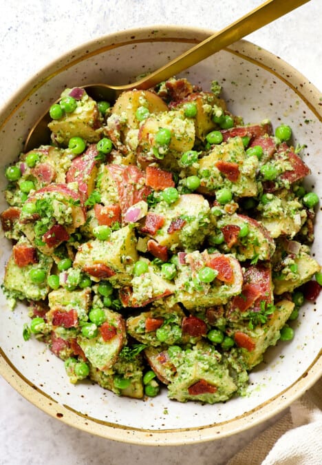 top view of serving red potato salad recipe in a bowl
