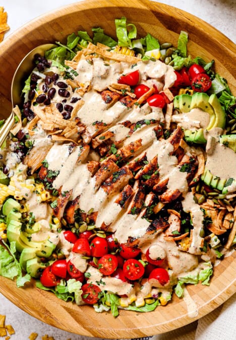 top view of Southwest Chicken Salad recipe drizzled with dressing