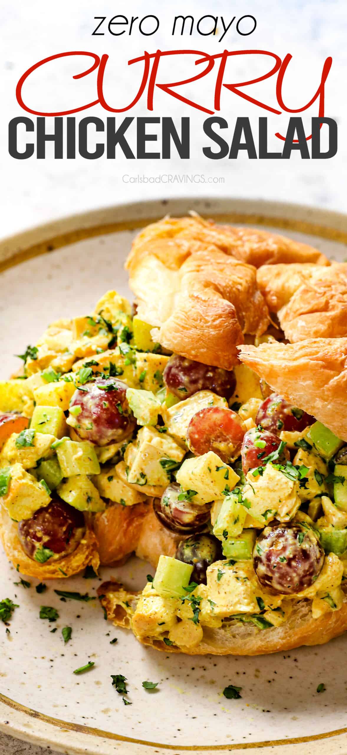 showing how to serve curry chicken salad in a croissant