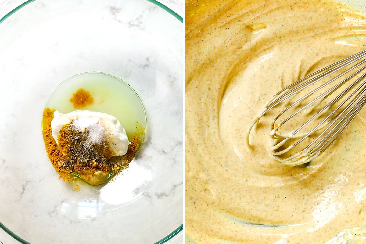 Showing how to make Curry Chicken Salad by whisking the dressing ingredients together in a glass bowl: Greek yogurt, curry powder, lemon juice, honey, Dijon and spices