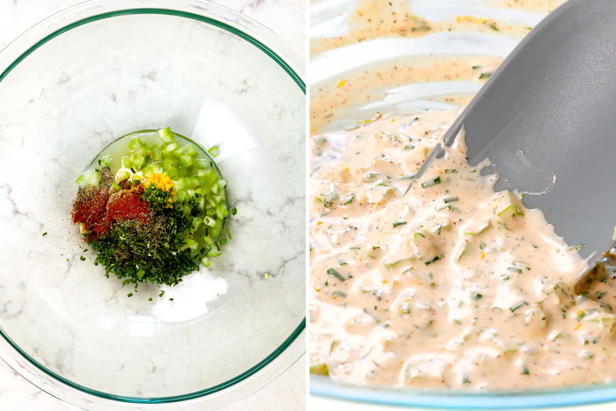 showing how to make a Maine lobster roll by adding mayonnaise, chives, lemon juice, lemon zest, and tarragon to a bowl and stirring to combine