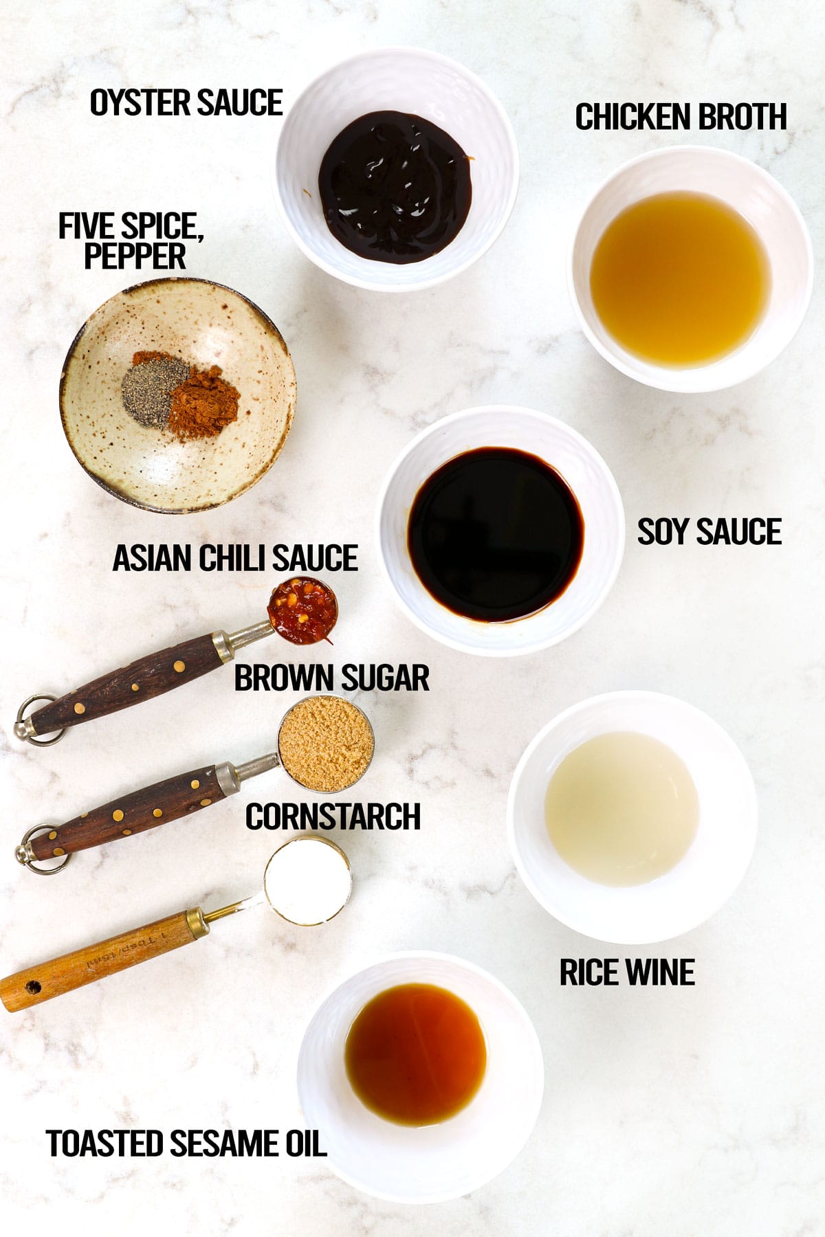 showing ingredients for stir fry sauce for chow mein recipe: soy sauce, oyster sauce, chicken broth, Asian chili sauce, rice wine